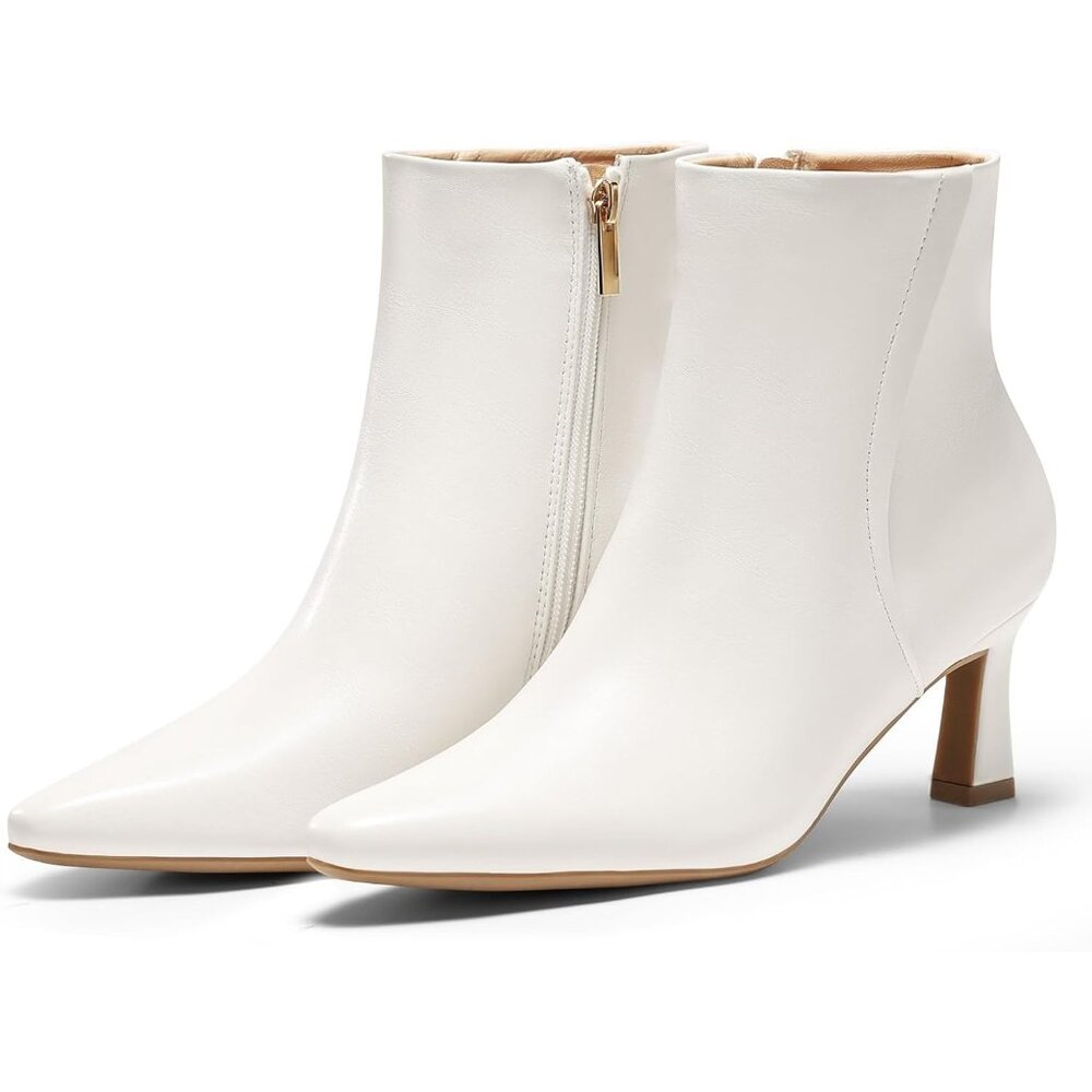 Women's Beige Ankle Boots Kitten Heel Pointed Toe Side Zipper Winter Dress Shoes